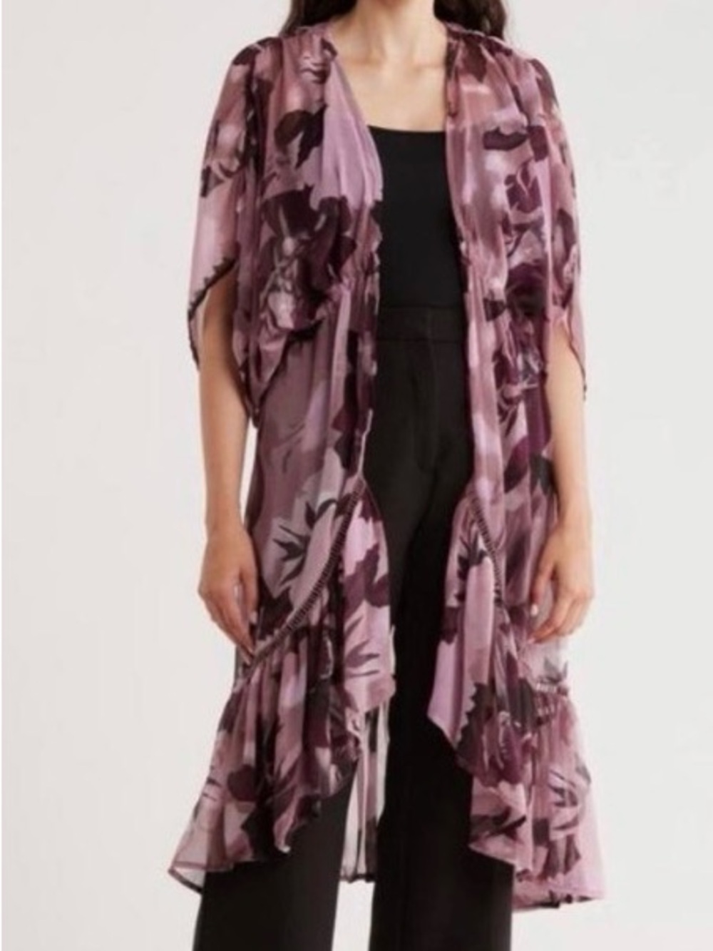 BCBGeneration Sheer Floral Tie-Waist Kimono Coverup